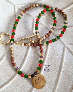 Colier piatra soarelui, jasp, jad, agate, hematit cu medalion bronz floare - unicat