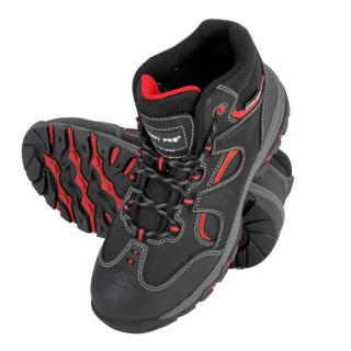Bocanci de piele nubuc cu insertii de velur Lahti Pro, clasa protectie S3SRA, cu bombeu compozit, talpa de cauciuc, negru rosu