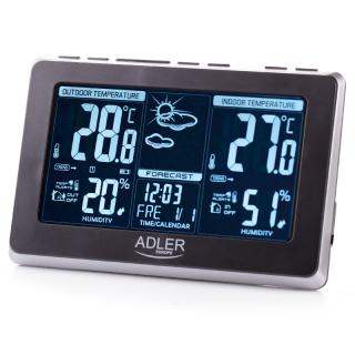 Statie meteo Adler, ecran Lcd, 2 alarme, termometru interior si exterior, functie afisare data, negru
