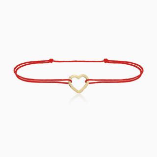 Heart bratara snur rosu cu inima decupata 10 mm, argint 925 placat aur galben 24k