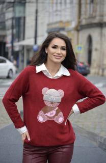 Bluza bordo cu imprimeu ursulet