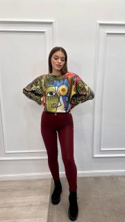 Pantaloni bordo din piele cu catarame pe laterale