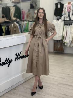 Rochie bej din bumbac cu maneca cu floare si cordon in talie
