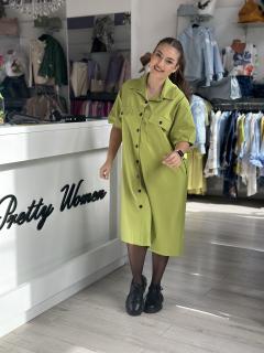 Rochie verde fistic cu buzunare si nasturi