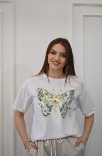Tricou alb bumbac cu imprimeu fluture verde