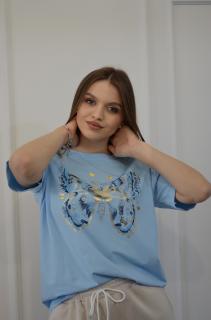 Tricou albastru bumbac cu imprimeu fluture albastru
