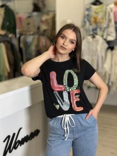 Tricou negru bumbac cu imprimeu LOVE