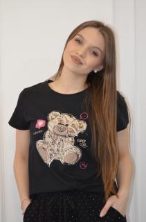 Tricou negru bumbac cu imprimeu ursulet si pietricele aplicate