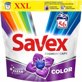 Detergent de rufe capsule Savex Premium Caps Color, curatare puternica, 56 capsule