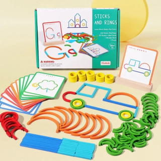 Joc de creativitate din lemn betisoare si inele Sticks and rings, 3 ani+