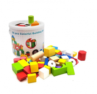 Set 50 Cuburi Constructie, lemn, 3 ani+