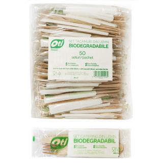 Set tacamuri din lemn biodegradabile, furculita+cutit+servetel, 50 seturi pachet