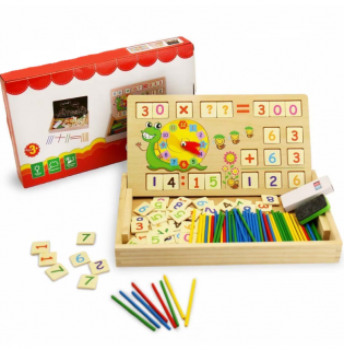 Tabla multifunctionala Montessori cu operatiuni matematice, ceas, betisoare si creta colorata, 3 ani+