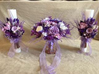 Buchet flori criogenate si lumanari pentru nunta decorate cu flori uscate