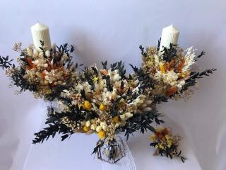 Lumanari fagure de nunta si buchet flori criogenate si eucalipt