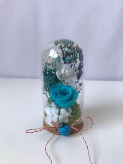 Martisor mini cupola cu trandafir criogenat si flori uscate