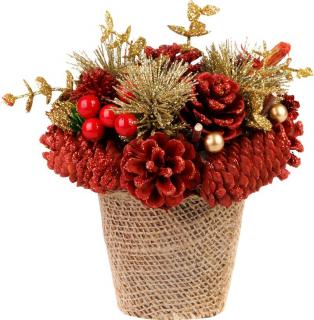 Decoratiune Ikebana MagicHome Craciun cu conuri de brad rosii, naturala, 17x17 cm