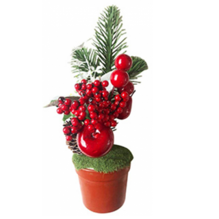 Ghiveci decorativ cu brad, mar si macese pentru Craciun, artificial, 25 cm inaltime, MagicHome