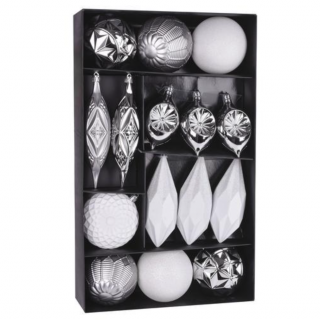Set 15 de globuri albe si argintii pentru Craciun din plastic, diametru 8 - 15 cm, magic home