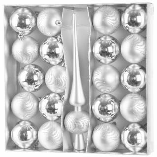 Set 21 globuri si varf pentru bradul de Craciun, argintiu, diametru 6 cm, MagicHome