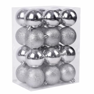 Set 24 de globuri argintii pentru Craciun din plastic, diametru 6 cm, magic home