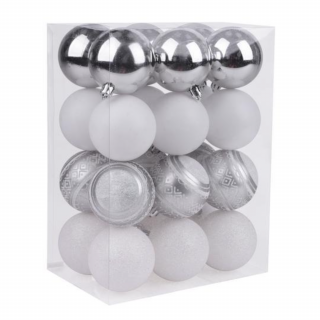 Set 24 de globuri argintii pentru Craciun din plastic, magic home