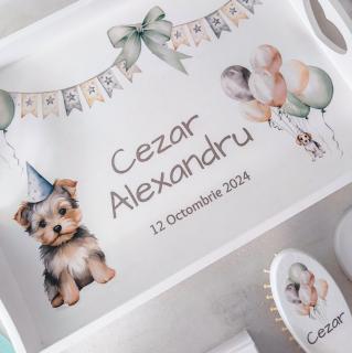 Tavita mot - Set 1 an personalizat format din tava mot, cutiuta mot, perie si oglinda   Colectia Catelus