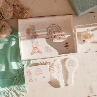 Teddy Bear Albastru - Tava Mot Personalizata   Set prima aniversare