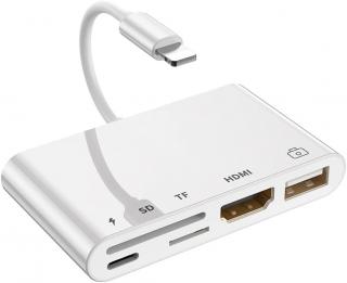 Adaptor multifunctional 5 in 1, cititor de carduri, compatibil iphone, USB, HDMI - Alb