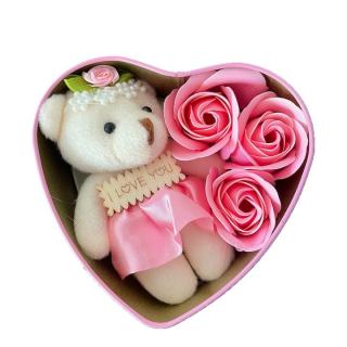 Cutie in forma de inima cu ursulet si trandafir roz, Valentine s Day, 12 cm