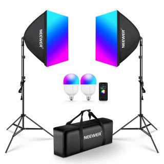 Kit 2 softbox Neewer, becuri LED RGB 26W, trepiezi 200 cm, geanta transport, control prin aplicatie