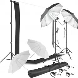 Kit complet foto studio,lumini,4 umbrele,trepiezi 200 cm,suport fundal 2x3m,2 panze fundal alb,negru, 2x bec 135W