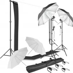 Kit complet foto studio,lumini,4 umbrele,trepiezi 200 cm,suport fundal 2x3m,2 panze fundal alb,negru, 2x bec 150W