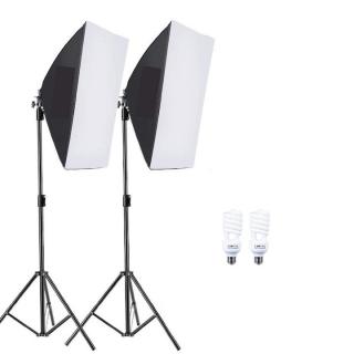 Kit de 2 softboxuri, 2 trepiezi reglabili 200 cm, 2 becuri 45W