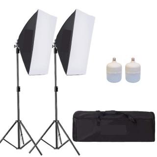 Kit de 2 softboxuri, 2 trepiezi reglabili 200 cm, 2 becuri LED 50W, geanta de transport inclusa