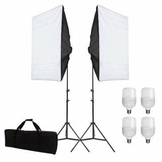 Kit de 2 softboxuri, 2 trepiezi reglabili 200 cm, 4 becuri LED 25W, geanta de transport inclusa