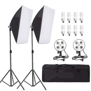 Kit de 2 softboxuri, soclu de 4 becuri, 2 trepiezi reglabili 200 cm, 8 becuri de 45W, geanta de transport inclusa