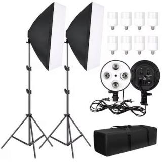 Kit de 2 softboxuri, soclu de 4 becuri, 2 trepiezi reglabili 200 cm, 8 becuri LED 20W, geanta de transport inclusa