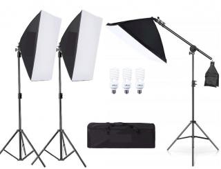 Kit de 3 softboxuri cu macara ajustabila, 3 trepiezi reglabili 200 cm, 3 becuri 45W, geanta de transport inclusa