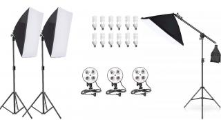 Kit de 3 softboxuri cu macara, soclu de 4 becuri, 3 trepiezi reglabili 200 cm, 12 becuri de 45W