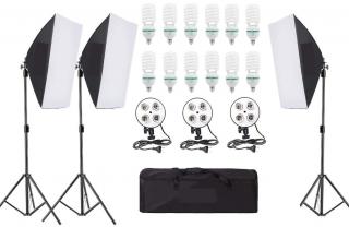 Kit de 3 softboxuri, soclu de 4 becuri, 3 trepiezi reglabili 200 cm, 12 becuri de 150W, geanta de transport inclusa