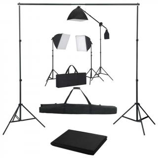 Kit foto studio,3 lumini softbox,suport fundal 2x3m,3x bec 150W, panza fundal negru 2x3m, macara + geanta transport