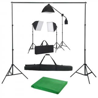 Kit foto studio,3 lumini softbox,suport fundal 2x3m,3x bec 150W, panza fundal verde 2x3m, macara + geanta transport