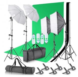 Kit studio foto,2 lumini softbox,2 umbrele,suport fundal 2x3 m, 4x bec 150W, 3 panze fundal multicolore si geanta transport