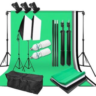 Kit studio foto,2 lumini softbox,suport fundal 2x3 m,4 panze fundal,2x bec 135W + geanta transport