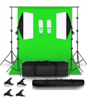 Kit studio foto,2 lumini softbox,suport fundal 2x3m,2 becuri 150W, panza fundal verde 2x3m