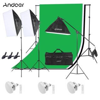 Kit studio foto,3 lumini softbox,suport fundal 2x2m,3x bec 45W cu telecomanda,3 panze fundal multicolore + geanta transport