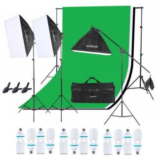 Kit studio foto, 3 lumini softbox, suport fundal 2x3m, 12x bec 135W, 3 panze fundal multicolore + geanta transport