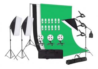 Kit studio foto, 3 lumini softbox, suport fundal 2x3m, 12x bec 45W, 3 panze fundal multicolore si geanta transport