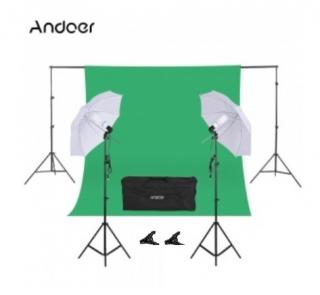 Kit studio foto,lumini,2 umbrele,suport fundal 2,6x3m,2x bec 135W,panza verde + geanta transport